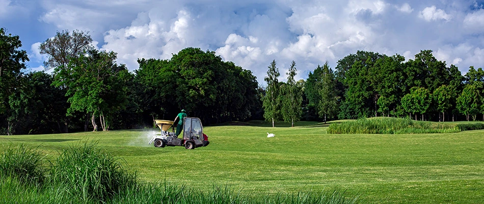 Fertilizing a large golf course property on a small truck near Alpharetta, GA.