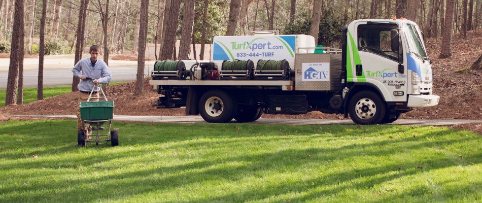 TurfXpert professional overseeding lawn with a spreader machine in Duluth, GA.